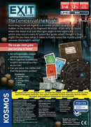 The Exit: The Cemetery of the Knight board game package featuring the title, age requirements, player count, and intriguing imagery related to a night-time treasure hunt. It includes components like a decoder disk, riddle cards, and an engaging rulebook.