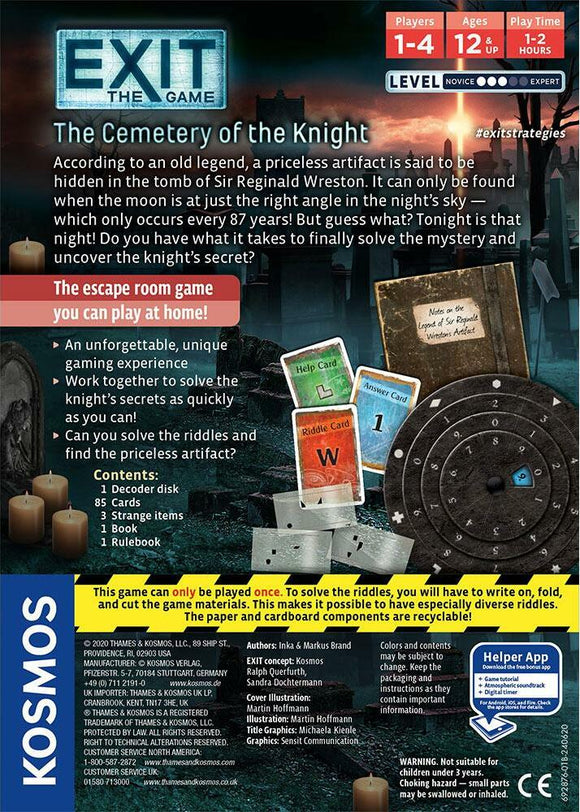 The Exit: The Cemetery of the Knight board game package featuring the title, age requirements, player count, and intriguing imagery related to a night-time treasure hunt. It includes components like a decoder disk, riddle cards, and an engaging rulebook.