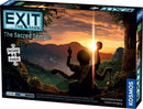 Exit: The Sacred Temple game box featuring a scenic view of a temple at sunset. The packaging details that it includes 4 puzzles, with images of a statue holding artifacts and lush greenery surrounding the scene. The game is designed for novice to expert players, inviting fans of escape rooms and puzzles to solve riddles and protect cultural treasures.