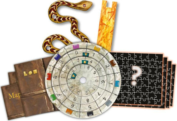 The product features the 'Exit: The Sacred Temple' game by Thames & Kosmos. It includes a puzzle with interlocking pieces, a circular decoder, a decorated scroll, and a snake design. The game elements suggest an adventure theme involving mystery and problem-solving for players.