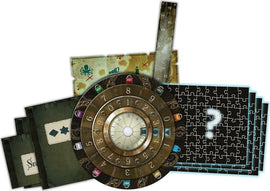 The game 'Exit: The Deserted Lighthouse' by Thames & Kosmos displayed with various components including clue cards, a numbered circular decoder, and jigsaw puzzle pieces, all featuring intricate designs and themes related to a lighthouse mystery.