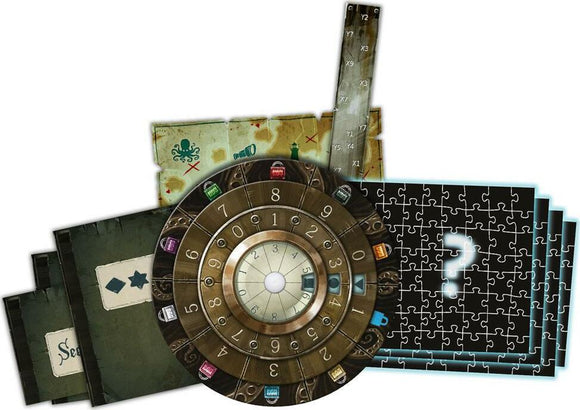 The game 'Exit: The Deserted Lighthouse' by Thames & Kosmos displayed with various components including clue cards, a numbered circular decoder, and jigsaw puzzle pieces, all featuring intricate designs and themes related to a lighthouse mystery.