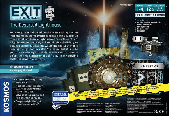 Exit: The Deserted Lighthouse game by Thames & Kosmos features an intriguing escape room challenge for 1-4 players aged 12 and up. The game includes 4 jigsaw puzzles with 88 pieces each, 12 riddle documents, a decoder disk, a rulebook, and a helper app to enhance gameplay. Players navigate through a stormy coastal setting with a mysterious lighthouse, solving obstacles to prevent a shipwreck. Ideal for family fun or game nights.
