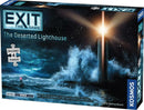 EXIT: The Deserted Lighthouse game box featuring a dramatic lighthouse scene with waves crashing against rocks. The box indicates it includes 4 puzzles and is suitable for novice to expert players.
