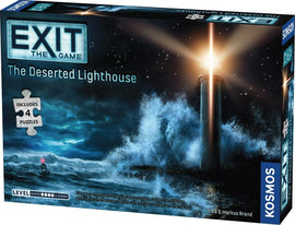 EXIT: The Deserted Lighthouse game box featuring a dramatic lighthouse scene with waves crashing against rocks. The box indicates it includes 4 puzzles and is suitable for novice to expert players.