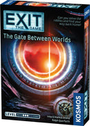 Exit: The Gate Between Worlds board game by Thames & Kosmos, featuring mystical graphics of a glowing portal surrounded by intricate symbols and a clock. The box highlights the game's themes of riddles and puzzles. Suitable for novice to expert players, this engaging escape room experience invites players to solve challenges and make their way home through a captivating world.