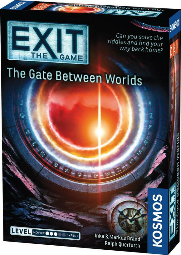 Exit: The Gate Between Worlds board game by Thames & Kosmos, featuring mystical graphics of a glowing portal surrounded by intricate symbols and a clock. The box highlights the game's themes of riddles and puzzles. Suitable for novice to expert players, this engaging escape room experience invites players to solve challenges and make their way home through a captivating world.