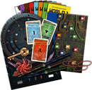 EXIT: The Gate Between Worlds game by Thames & Kosmos, featuring a detailed spinner with numbers, a set of clue cards, a riddle card, and colorful game components including keys and strings for solving puzzles.