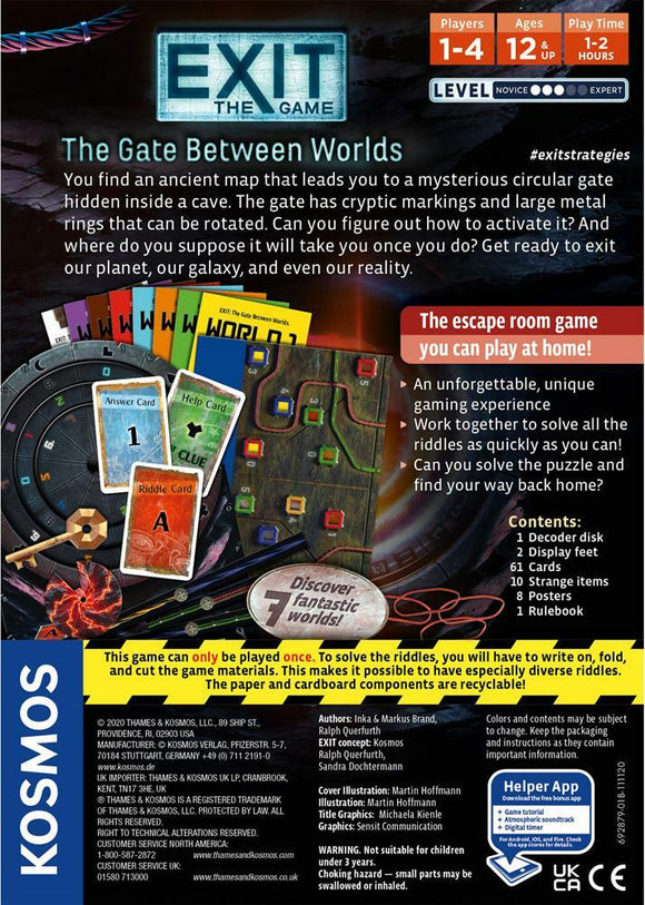 Exit: The Gate Between Worlds is an immersive escape room game designed for 1 to 4 players, suitable for ages 12 and up. The game includes components such as a decoder disk, display sheet, 61 cards, strange items, posters, and a rulebook, allowing players to solve riddles and activate a mysterious circular gate leading to different worlds. The game is intended for a one-time play, emphasizing unique riddles that require creativity and problem-solving skills.