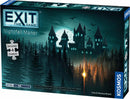 Exit: Nightfall Manor game and jigsaw puzzle by Thames & Kosmos. Features a dark, gothic illustration of a mysterious manor surrounded by tall trees and bats in an eerie night scene. The packaging includes details about the game level and the inclusion of 4 puzzles, inviting players to solve riddles and uncover secrets.
