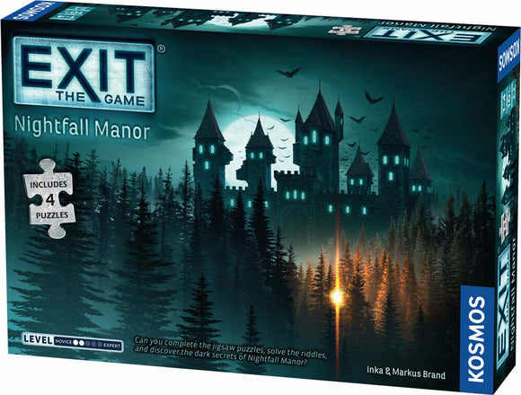Exit: Nightfall Manor game and jigsaw puzzle by Thames & Kosmos. Features a dark, gothic illustration of a mysterious manor surrounded by tall trees and bats in an eerie night scene. The packaging includes details about the game level and the inclusion of 4 puzzles, inviting players to solve riddles and uncover secrets.