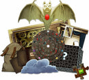 A collection of components for the Exit: Nightfall Manor game and jigsaw puzzle by Thames & Kosmos. Features a detailed bat statue, a mysterious wheel with numbers and gems, puzzle pieces scattered around, and various thematic elements like a backpack and secretive documents, all set against a dark, atmospheric backdrop.