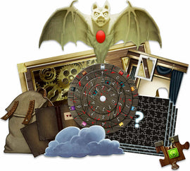 A collection of components for the Exit: Nightfall Manor game and jigsaw puzzle by Thames & Kosmos. Features a detailed bat statue, a mysterious wheel with numbers and gems, puzzle pieces scattered around, and various thematic elements like a backpack and secretive documents, all set against a dark, atmospheric backdrop.