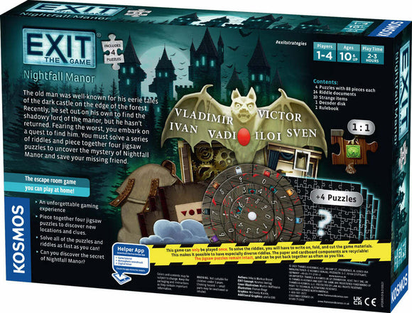 Exit: Nightfall Manor Game + Puzzle by Thames & Kosmos is an escape room experience you can play at home. This product includes four jigsaw puzzles, riddle documents, a decoder disk, and a rulebook, designed for 1-4 players aged 10 and up. The set encourages players to piece together clues and solve puzzles to uncover the mystery of the dark manor and save the missing friend. The product showcases a spooky design featuring elements like a gothic castle and mysterious figures.