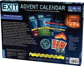 The Advent Calendar: The Mystery of the Ice Cave by Thames & Kosmos. The image shows a colorful game box featuring a snowy mountain backdrop, with various game components including a storybook, riddle cards, and decoding tools. It emphasizes the adventure theme and escape room concept with vibrant graphics and engaging content aimed at ages 10 and up.