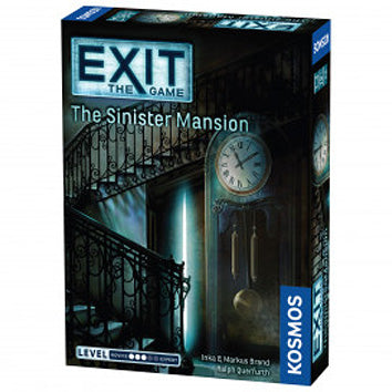 The Exit: The Sinister Mansion game box by Thames & Kosmos, featuring a mysterious mansion setting. The illustration shows a staircase, a clock, and a dark ambiance, suggesting an escape room experience. The game is designed for ages 12 and up and offers a thrilling puzzle adventure for players.