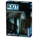The Exit: The Sinister Mansion game box by Thames & Kosmos, featuring a mysterious mansion setting. The illustration shows a staircase, a clock, and a dark ambiance, suggesting an escape room experience. The game is designed for ages 12 and up and offers a thrilling puzzle adventure for players.