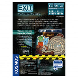 Exit: The Sinister Mansion game by Thames & Kosmos. This immersive escape room experience invites 1-4 players, aged 12 and above, to solve puzzles and escape a mysterious mansion. Featuring engaging components and a challenging storyline, it's perfect for game nights and puzzle enthusiasts.