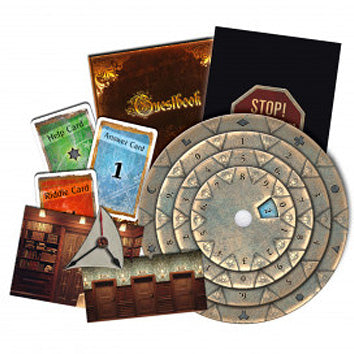 Exit: The Sinister Mansion game components laid out, including clue cards, a decoder disk, and a guestbook. Ideal for engaging mystery-solving fun with friends.