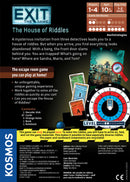 Box cover of the game 'Exit: The House of Riddles' by Thames & Kosmos. Features illustrations of a mysterious house and game components including cards and a decoder disk. The theme revolves around solving riddles to escape. Suitable for 1-4 players aged 10 and up, with a playtime of 1-2 hours. Highlights an immersive escape room experience to play at home.