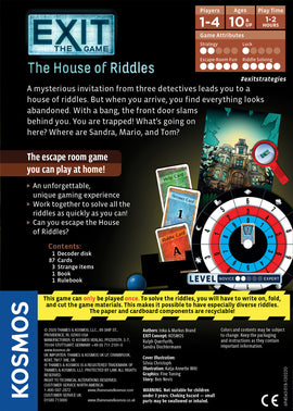 Box cover of the game 'Exit: The House of Riddles' by Thames & Kosmos. Features illustrations of a mysterious house and game components including cards and a decoder disk. The theme revolves around solving riddles to escape. Suitable for 1-4 players aged 10 and up, with a playtime of 1-2 hours. Highlights an immersive escape room experience to play at home.