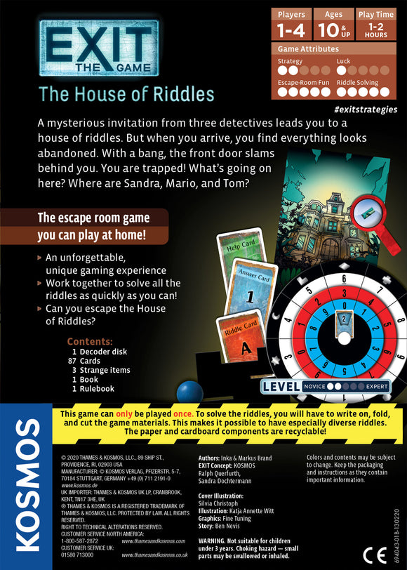 Box cover of the game 'Exit: The House of Riddles' by Thames & Kosmos. Features illustrations of a mysterious house and game components including cards and a decoder disk. The theme revolves around solving riddles to escape. Suitable for 1-4 players aged 10 and up, with a playtime of 1-2 hours. Highlights an immersive escape room experience to play at home.