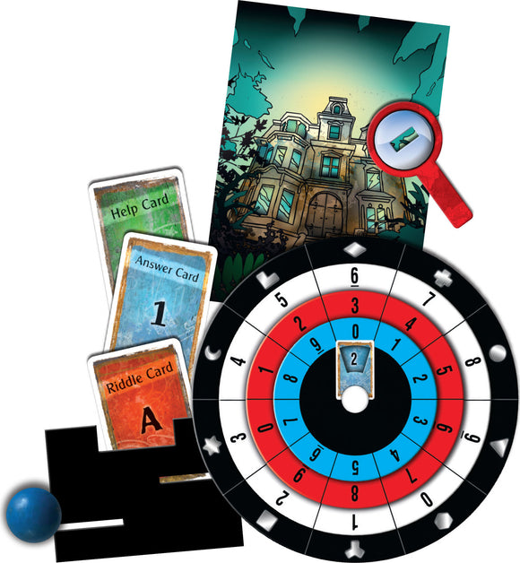 Exit: The House of Riddles game components, including a colorful game board with numbers, riddle cards, help cards, an answer card, and a magnifying glass set against the backdrop of a mysterious mansion illustration. Ideal for puzzle lovers and game night enthusiasts.