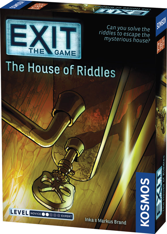 Exit: The House of Riddles board game by Thames & Kosmos, featuring a mysterious key and pipes on the box design, inviting players to solve riddles to escape.