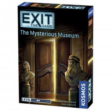 The box of the game 'Exit: The Mysterious Museum' by Thames & Kosmos features an intriguing design with two large, glowing doors in a dimly lit museum. Statues of historical figures stand on either side, enhancing the mysterious theme. The box indicates it's a level 3 difficulty game, perfect for players who enjoy immersive escape room experiences.