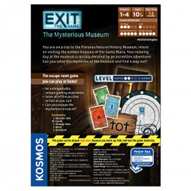 Exit: The Mysterious Museum game by Thames & Kosmos. This cooperative escape room game allows 1-4 players to solve mysteries in the Florence Natural History Museum. The packaging displays colorful game components including cards and a game wheel, emphasizing the fun of unraveling an engaging storyline.