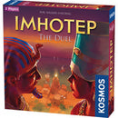 The box cover of 'Imhotep: The Duel', a strategic two-player game by Thames & Kosmos. The artwork features two ancient Egyptian figures facing each other with pyramids and temples in the background, symbolizing competition and strategy. The vibrant colors highlight the game's theme of ancient Egypt and dueling tactics.