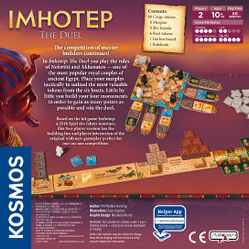 Imhotep: The Duel board game by Thames & Kosmos. The packaging features colorful artwork depicting various Egyptian-themed components and gameplay elements, highlighting its strategic play for two players aged 10 and up. The back of the box outlines game contents and basic rules, emphasizing competition among players as they build monuments and move resources.