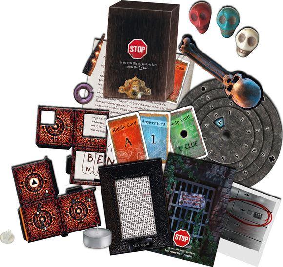 The game 'Exit: The Catacombs of Horror' by Thames & Kosmos displayed with its various components including riddle cards, answer cards, a stop sign box, skull tokens, and a puzzle wheel, all arranged artistically to convey a sense of mystery and adventure.