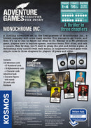 The Monochrome INC. Adventure Game box features a thrilling design that evokes a biotech company mystery. Inside, players will explore cards, a detailed adventure book, and character figures to uncover secrets in this cooperative game for 1-4 players. Recommended for ages 16 and up, the playtime is approximately 3 sessions of 90 minutes each.