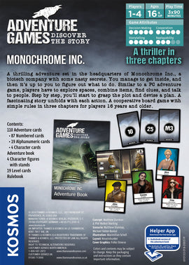The Monochrome INC. Adventure Game box features a thrilling design that evokes a biotech company mystery. Inside, players will explore cards, a detailed adventure book, and character figures to uncover secrets in this cooperative game for 1-4 players. Recommended for ages 16 and up, the playtime is approximately 3 sessions of 90 minutes each.