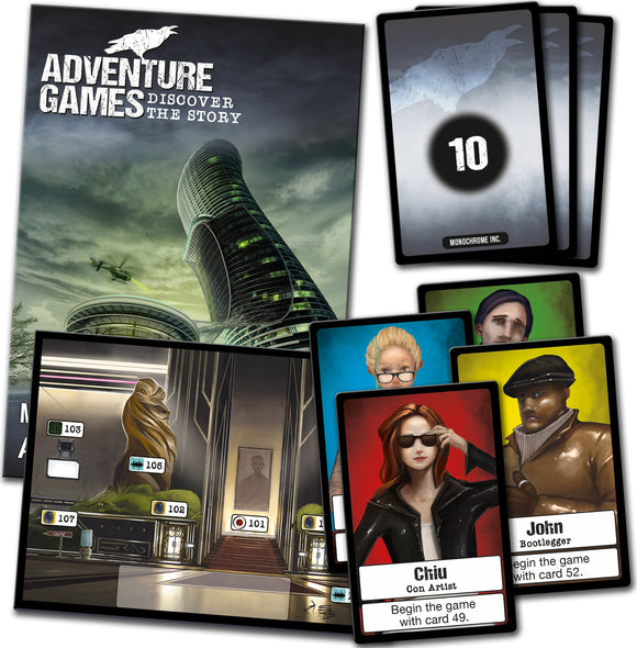 Monochrome INC. Adventure Game by Thames & Kosmos, featuring a mysterious cover with a modern building and various character cards. The game's objective is to explore different scenarios through engaging storytelling mechanics. Includes cards showing characters like Chiu the Con Artist and John the Bootlegger, alongside a game guide and scenario cards for captivating gameplay.