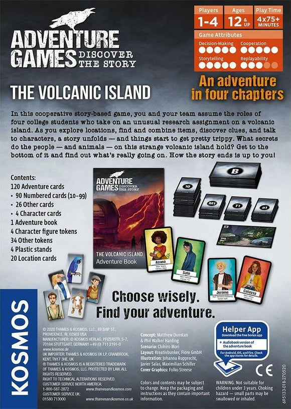 The Volcanic Island Adventure board game by Thames & Kosmos. A cooperative storytelling game for 1-4 players, ages 12 and up. Features 120 adventure cards, character tokens, and an adventure book. Players explore a volcanic island, uncovering secrets and making choices across four chapters. Engaging artwork and components are highlighted, emphasizing decision-making and cooperation.