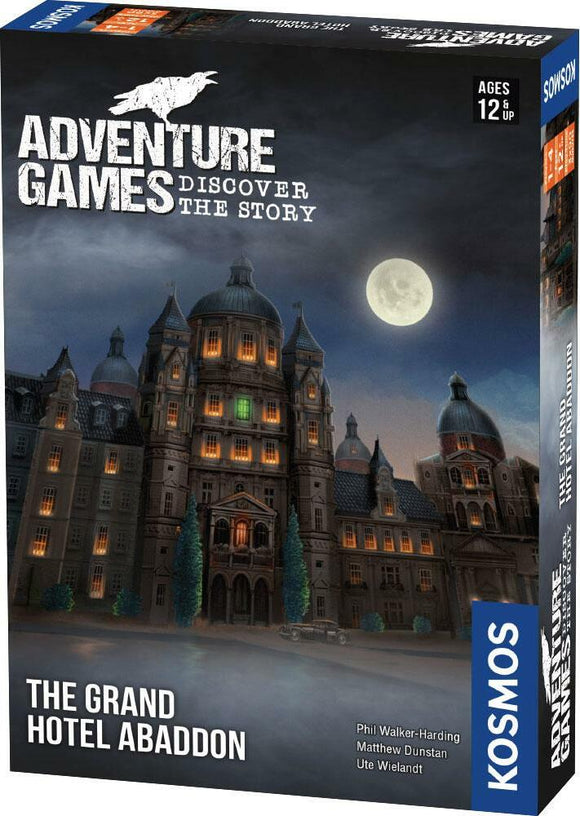 The Grand Hotel Abaddon, an intriguing board game by Thames & Kosmos. The box features an illustration of a grand, dark hotel with glowing windows under a full moon. The design is atmospheric and hints at mystery, adventure, and storytelling, suitable for ages 12 and up.