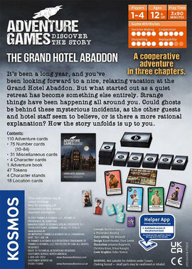 The Grand Hotel Abaddon game by Thames & Kosmos. A cooperative adventure game for 1-4 players aged 12 and up, featuring engaging storytelling and decision-making elements. The box includes 110 adventure cards, 75 number cards, character cards, an adventure book, and various tokens. Ideal for an immersive experience as players solve mysteries and navigate intriguing plot twists in a mysterious hotel setting.