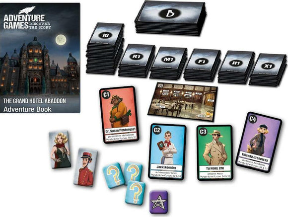 The Grand Hotel Abaddon game set by Thames & Kosmos includes an adventure book and various game cards featuring characters and hints. The image shows the game's beautifully illustrated components spread out, with character cards, multiple stacked cards, and question tokens, all set against a backdrop of the grand hotel.