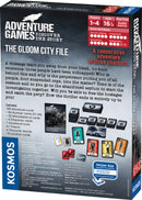 The Gloom City File board game by Thames & Kosmos. The packaging features dark and eerie graphics, suggesting a thrilling cooperative adventure. The box highlights key game elements including the number of players (1-4), age requirement (16+), and playtime (3 x 90 minutes). Contents include 120 adventure cards, character cards, and an adventure book. The game invites players to solve a mystery involving the kidnapping of three people, making it perfect for strategy and storytelling enthusiasts.