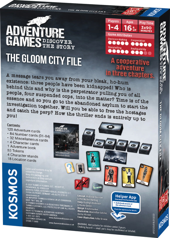 The Gloom City File board game by Thames & Kosmos. The packaging features dark and eerie graphics, suggesting a thrilling cooperative adventure. The box highlights key game elements including the number of players (1-4), age requirement (16+), and playtime (3 x 90 minutes). Contents include 120 adventure cards, character cards, and an adventure book. The game invites players to solve a mystery involving the kidnapping of three people, making it perfect for strategy and storytelling enthusiasts.