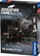 The Gloom City File game box by Thames & Kosmos featuring a mysterious, noir-style cityscape. The design includes dark buildings, a street with a vintage car, illuminated signs, and a moody atmosphere, suggesting an adventure game full of intrigue and storytelling.