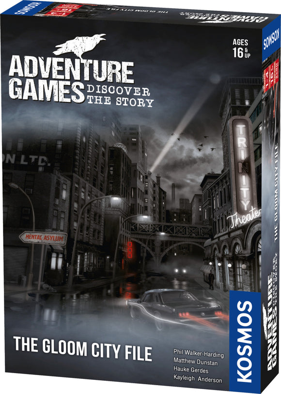 The Gloom City File game box by Thames & Kosmos featuring a mysterious, noir-style cityscape. The design includes dark buildings, a street with a vintage car, illuminated signs, and a moody atmosphere, suggesting an adventure game full of intrigue and storytelling.