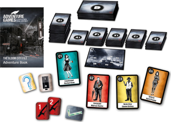 The Gloom City File game by Thames & Kosmos featuring an adventure book, multiple player cards, and numerous game element cards laid out on a surface. The design includes mystery-themed illustrations with characters like Lieutenant Rachel Choe and Sergeant Marcus Burke, perfect for immersive storytelling and gameplay.