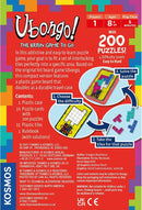 Ubongo: The Brain Game to Go in a colorful packaging showcasing the game's contents. Features a plastic case, 20 puzzle cards with 200 challenges of varying difficulties, 15 plastic tiles, and a rulebook. Ideal for ages 8 and up, accommodating 1 or more players. Encourages logical thinking and problem-solving skills, with a playtime of just 5 minutes per puzzle. Perfect for travel and family game nights.