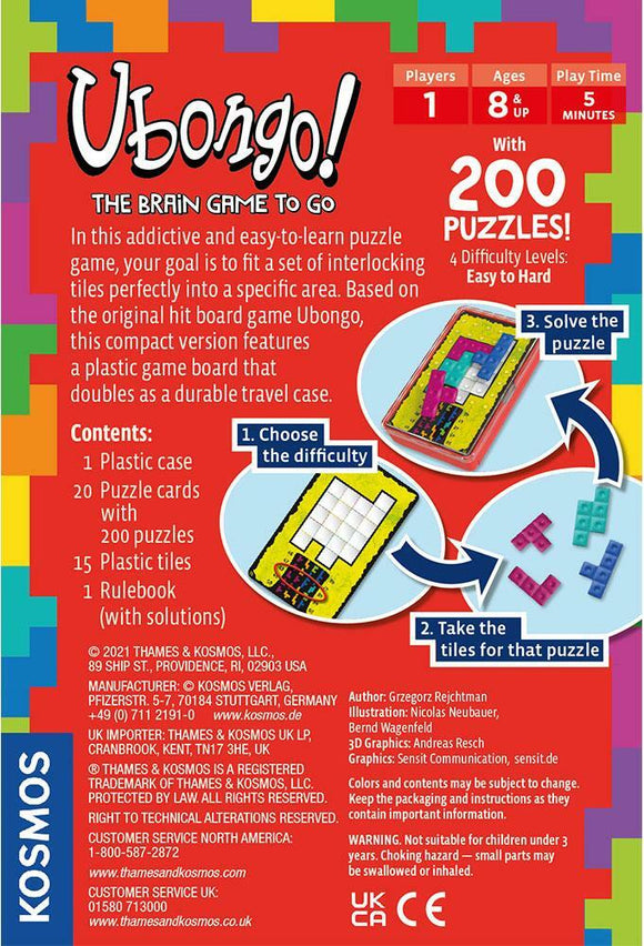 Ubongo: The Brain Game to Go in a colorful packaging showcasing the game's contents. Features a plastic case, 20 puzzle cards with 200 challenges of varying difficulties, 15 plastic tiles, and a rulebook. Ideal for ages 8 and up, accommodating 1 or more players. Encourages logical thinking and problem-solving skills, with a playtime of just 5 minutes per puzzle. Perfect for travel and family game nights.