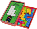 Ubongo: The Brain Game to Go by Thames & Kosmos. A mechanical puzzle featuring colorful plastic pieces that fit together, arranged in a vibrant red box. The top surface displays a grid and game board design, with various shapes and colors intended for strategic assembling and problem-solving.