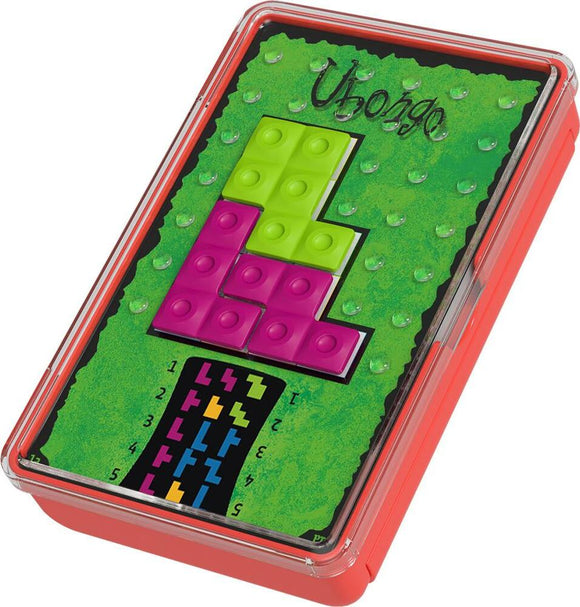 The product 'Ubongo: The Brain Game to Go' is displayed in a bright, sturdy box. The top features colorful, interlocking pieces arranged on a green background, with the game title 'Ubongo' prominently designed above. The game offers engaging mechanics designed to challenge players' spatial reasoning and problem-solving skills, making it a portable brain teaser for all ages.
