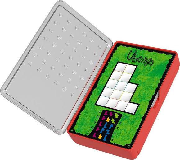Ubongo: The Brain Game to Go by Thames & Kosmos, featuring a vibrant green board with a grid for puzzle assembly, housed in a sturdy red case. The packaging shows an array of colorful puzzle pieces designed for mechanical gameplay, ideal for on-the-go fun.